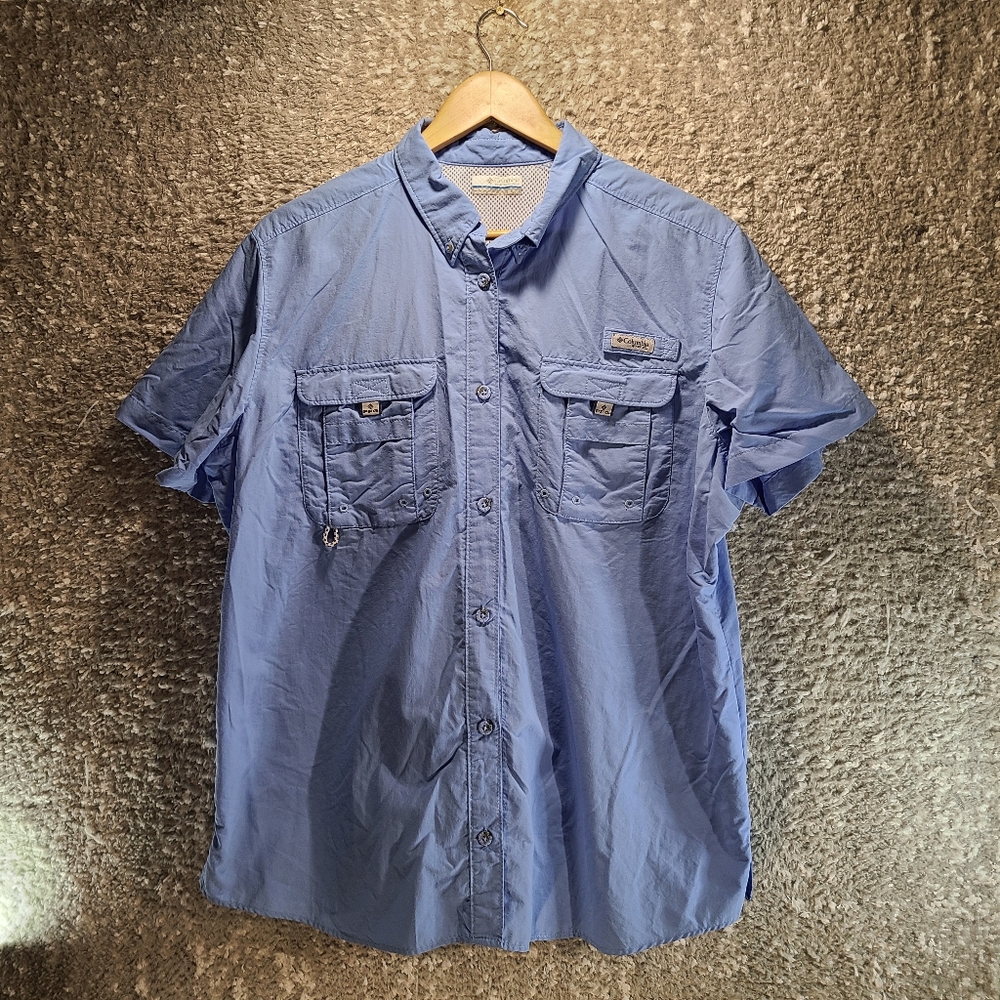 Columbia PFG Shirt Mens XL Blue Button Down Short Sleeve Fishing Nylon